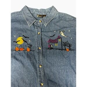 Vintage Embroidered Autumn Halloween Denim Shirt Women Pumpkin Ghost Festive 2X